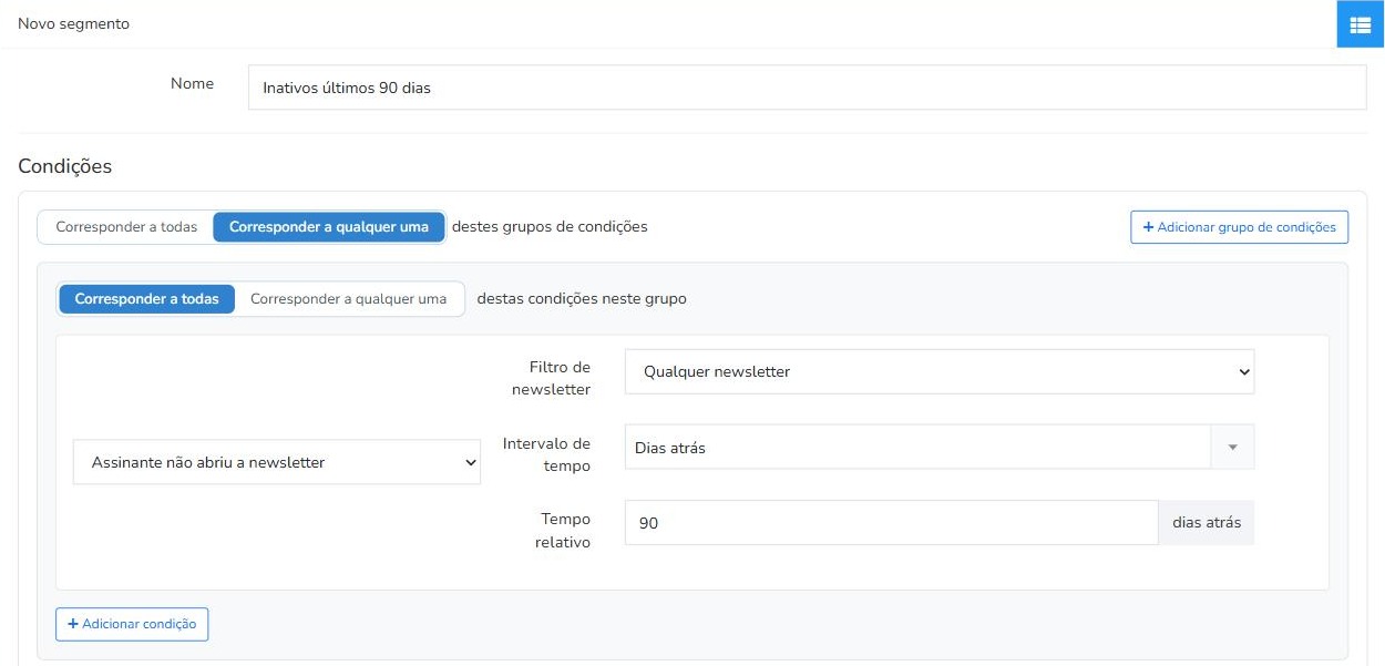 Segmento do Mailrelay de assinantes inativos: não abriu nenhuma newsletter nos últimos 90 dias