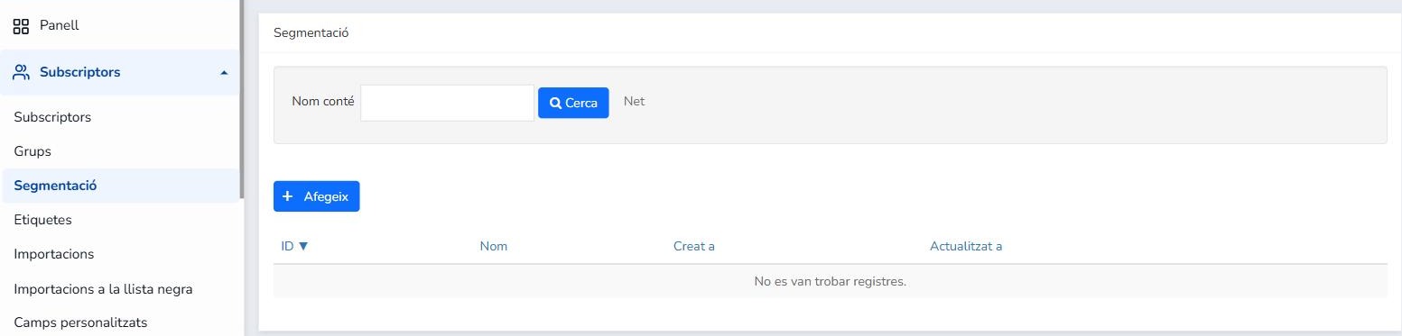 Pantalla Subscriptors > Segmentació de Mailrelay amb el botó Afegeix per crear un nou segment