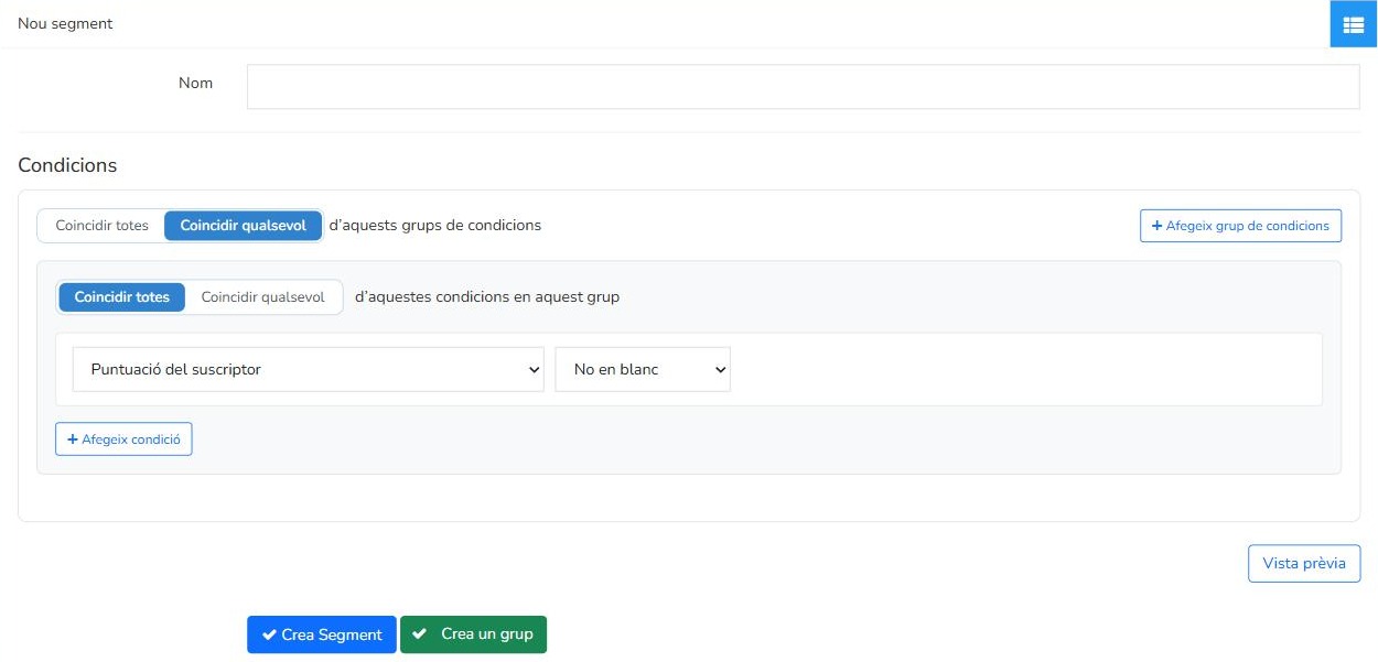 Formulari Nou segment de Mailrelay amb nom, condicions, Coincidir totes, Coincidir qualsevol i botons Crea Segment i Crea un grup