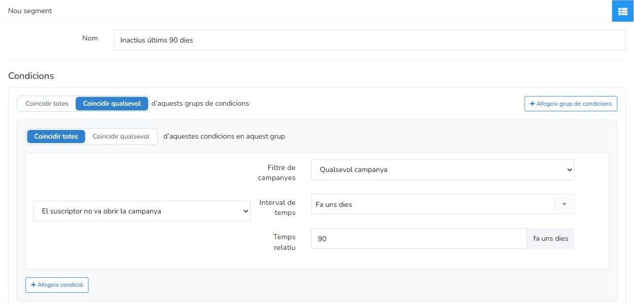 Segment de Mailrelay de subscriptors inactius: no ha obert cap campanya en els últims 90 dies