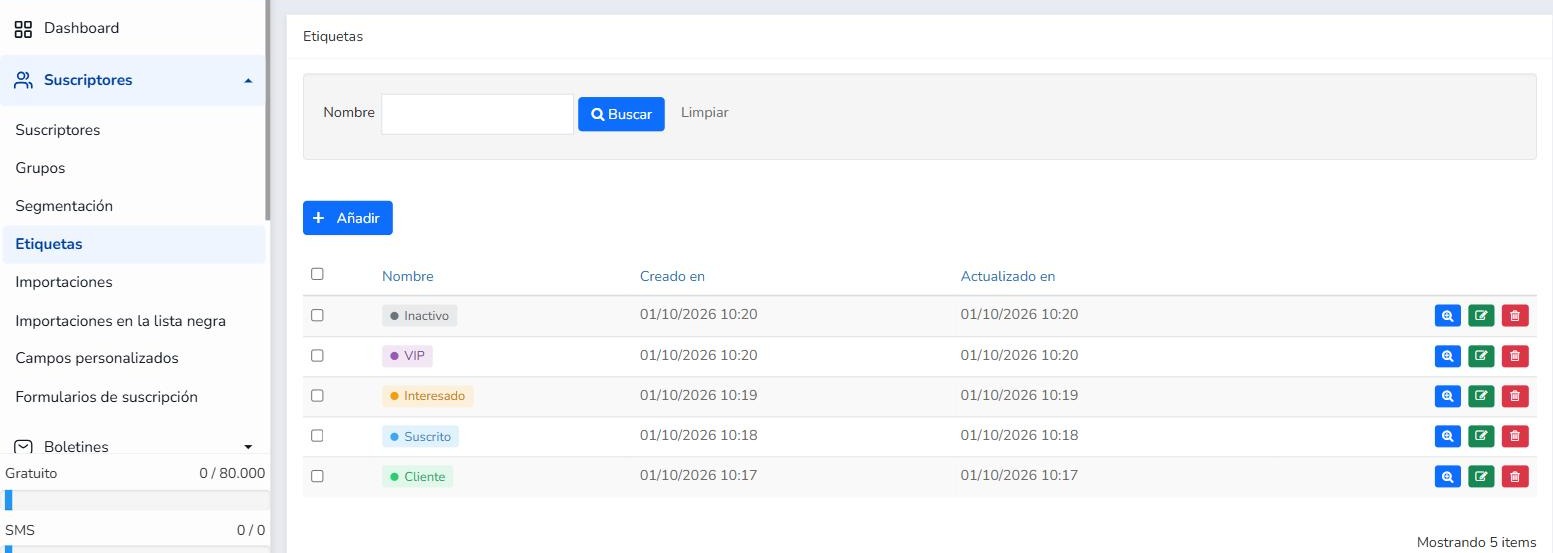 Listado de Suscriptores > Etiquetas en Mailrelay con las etiquetas Cliente, Suscrito, Interesado, VIP e Inactivo