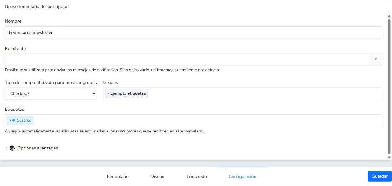 Pestaña Configuración de un formulario de suscripción de Mailrelay con la etiqueta Suscrito en el campo Etiquetas