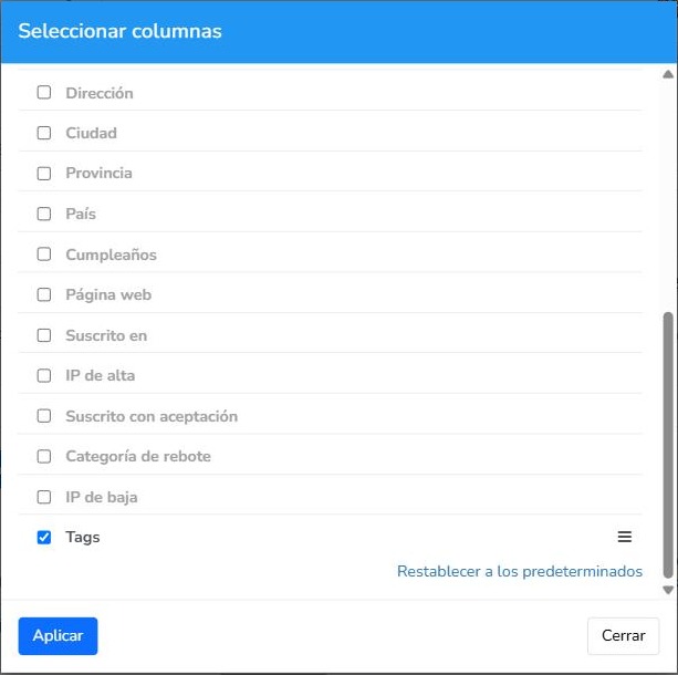Ventana Seleccionar columnas del listado de suscriptores de Mailrelay con la columna Tags marcada