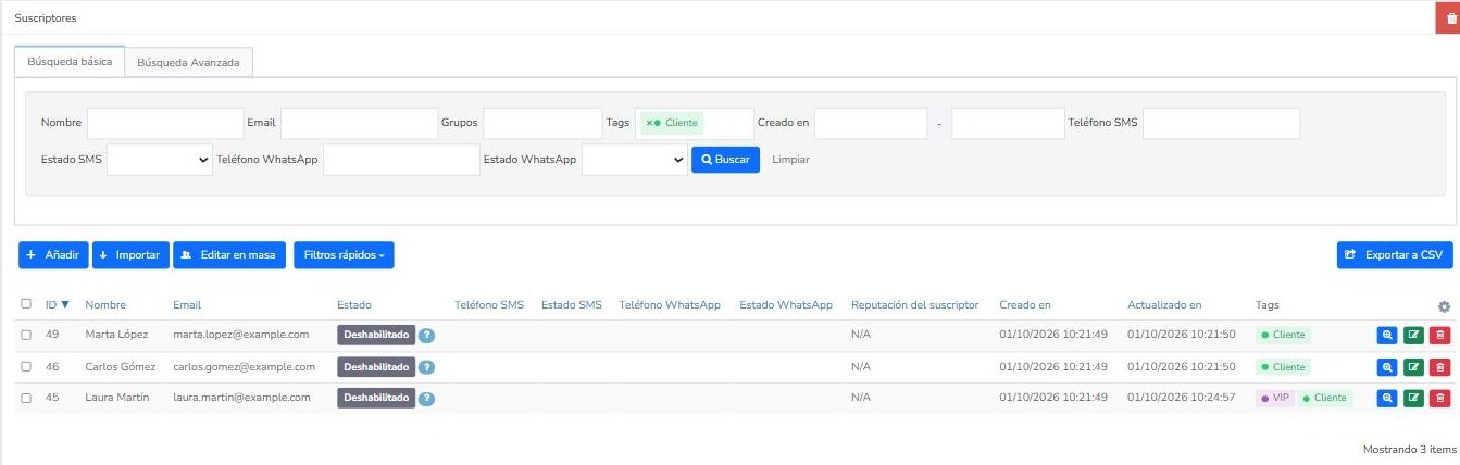 Búsqueda básica de suscriptores en Mailrelay filtrada por la etiqueta Cliente con la columna Tags visible
