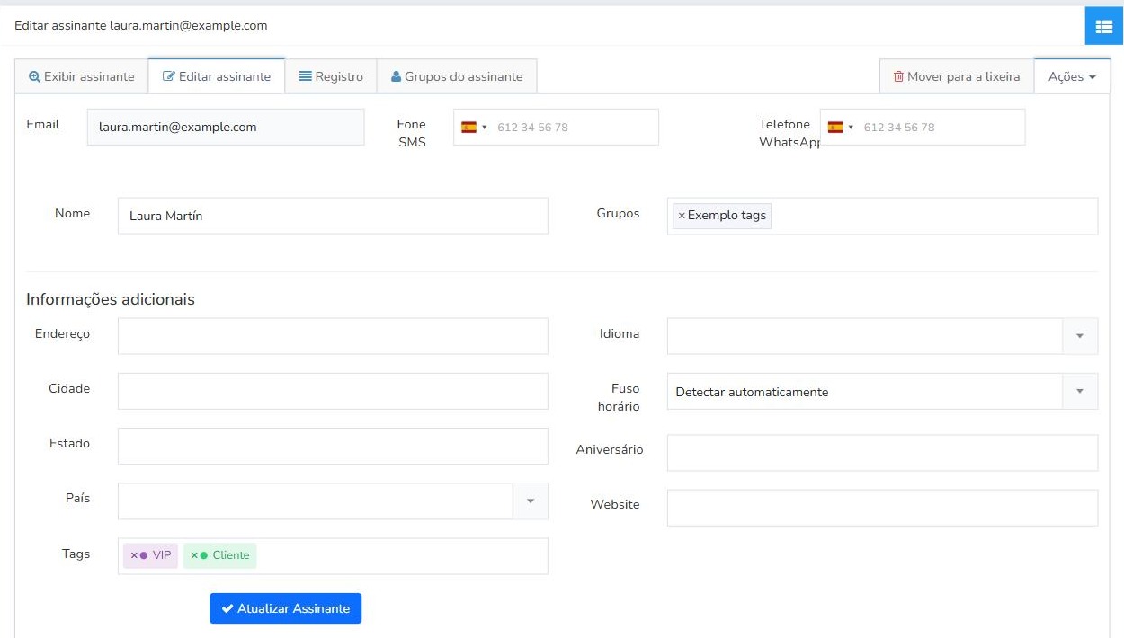 Edição de um assinante no Mailrelay com as tags VIP e Cliente no campo Tags