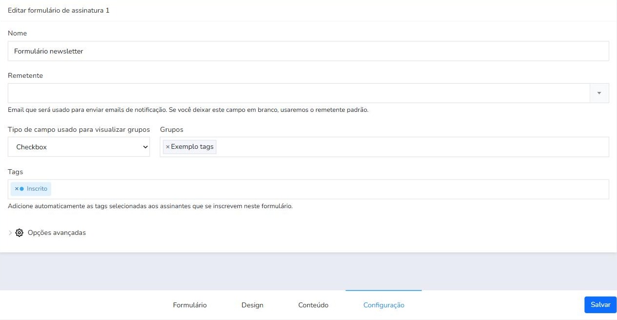 Aba Configuração de um formulário de assinatura do Mailrelay com a tag Inscrito no campo Tags