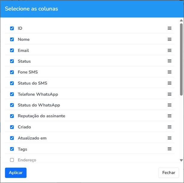 Janela Selecione as colunas da lista de assinantes do Mailrelay com a coluna Tags marcada