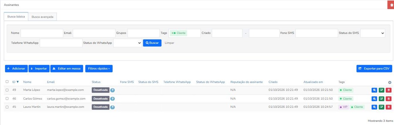 Busca básica de assinantes no Mailrelay filtrada pela tag Cliente com a coluna Tags visível