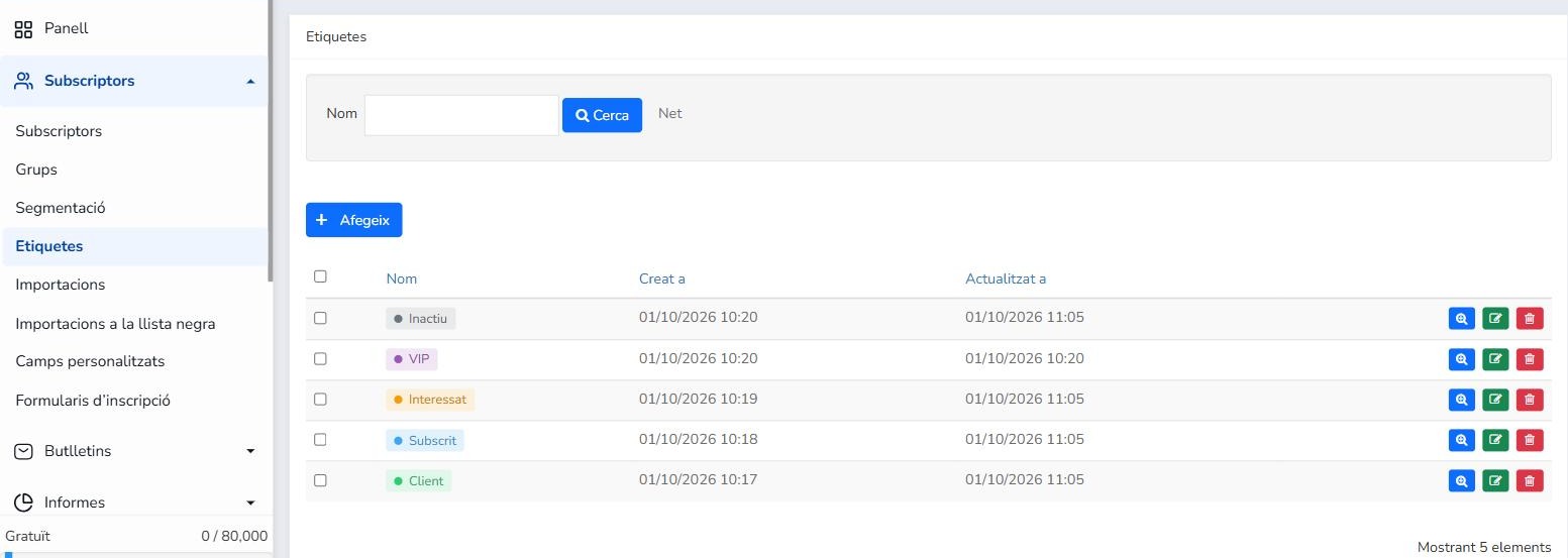 Llistat de Subscriptors > Etiquetes a Mailrelay amb les etiquetes Client, Subscrit, Interessat, VIP i Inactiu