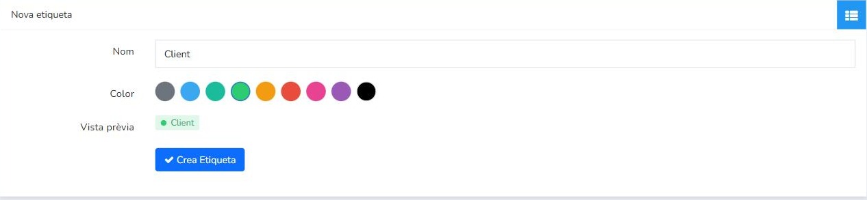 Formulari Nova etiqueta de Mailrelay amb nom, selector de color, vista prèvia i botó Crea Etiqueta