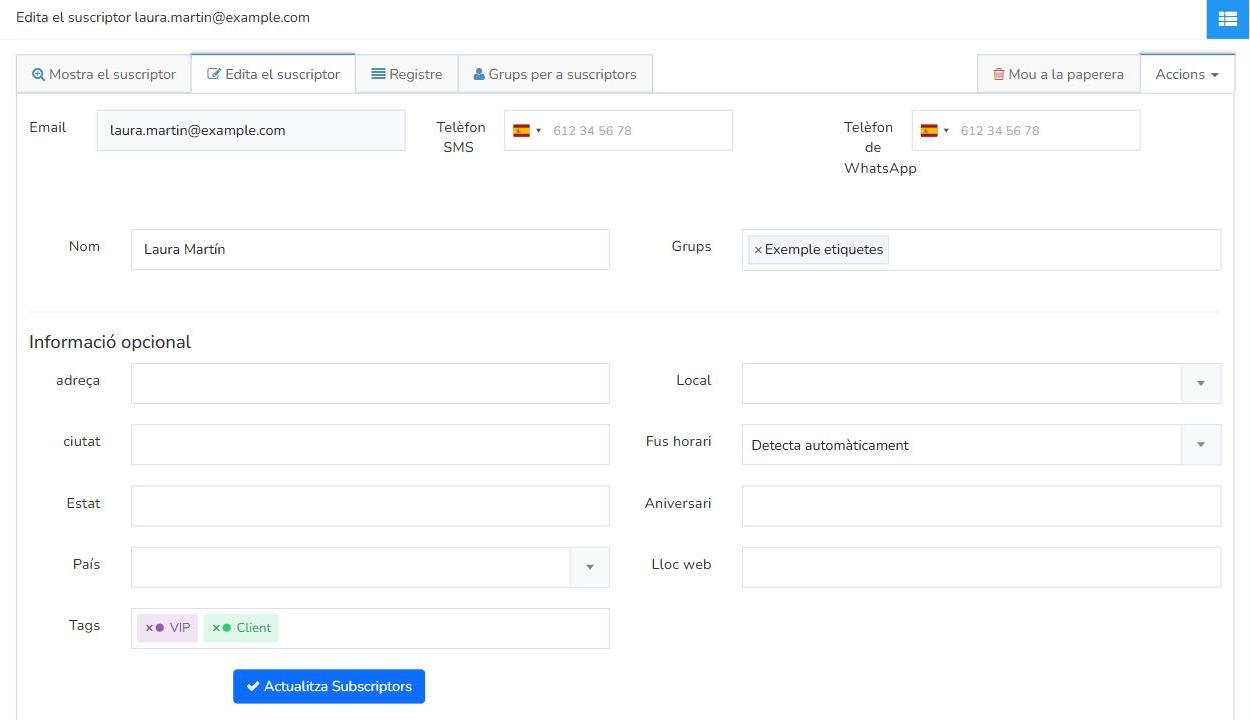 Edició d'un subscriptor a Mailrelay amb les etiquetes VIP i Client al camp Tags