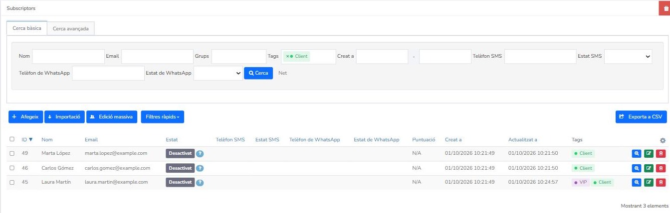 Cerca bàsica de subscriptors a Mailrelay filtrada per l'etiqueta Client amb la columna Tags visible