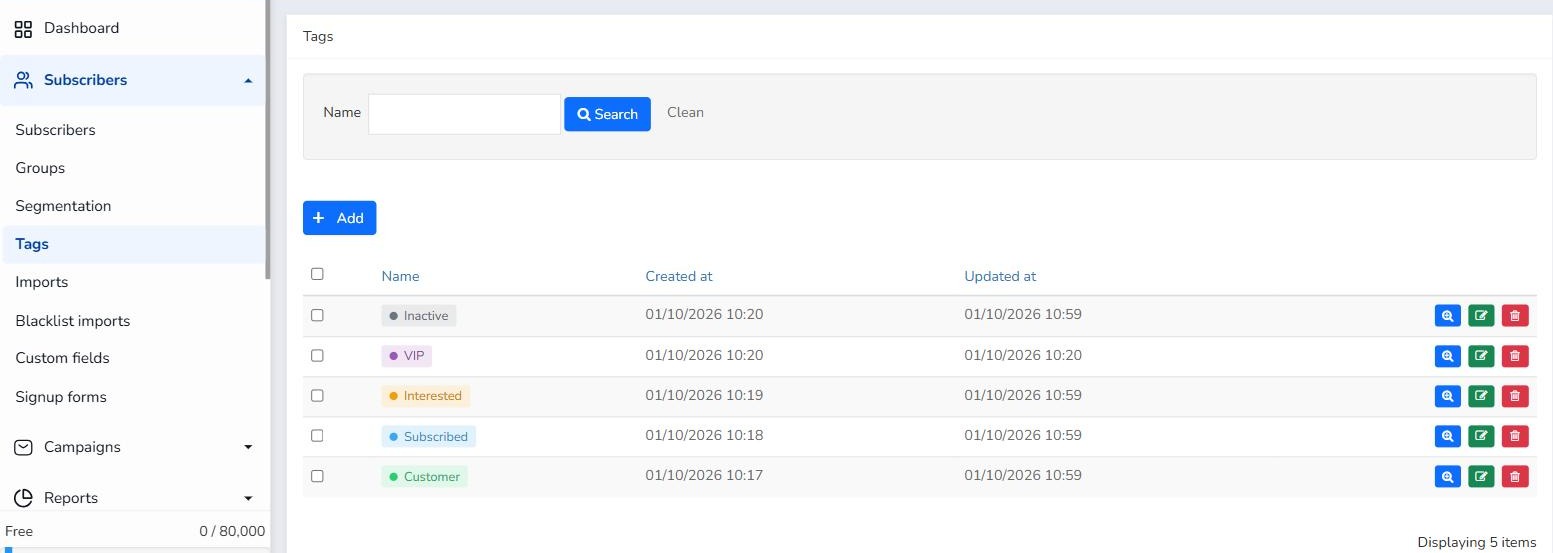 Mailrelay Subscribers > Tags list with the tags Customer, Subscribed, Interested, VIP and Inactive
