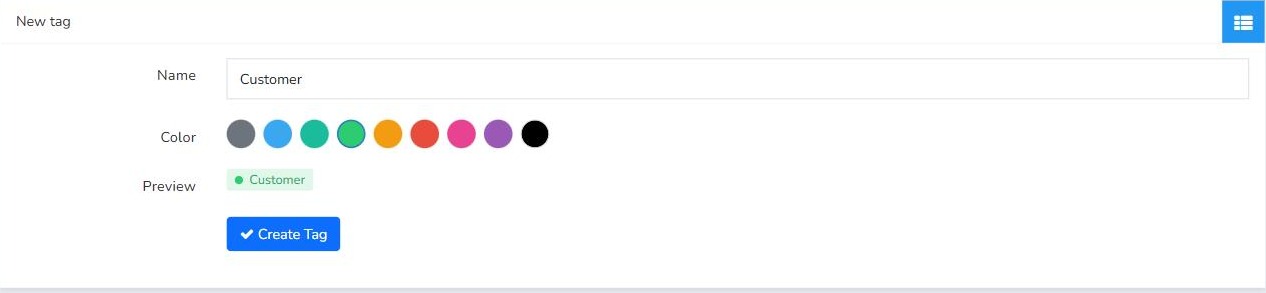 Mailrelay New tag form with name, color picker, preview and Create Tag button