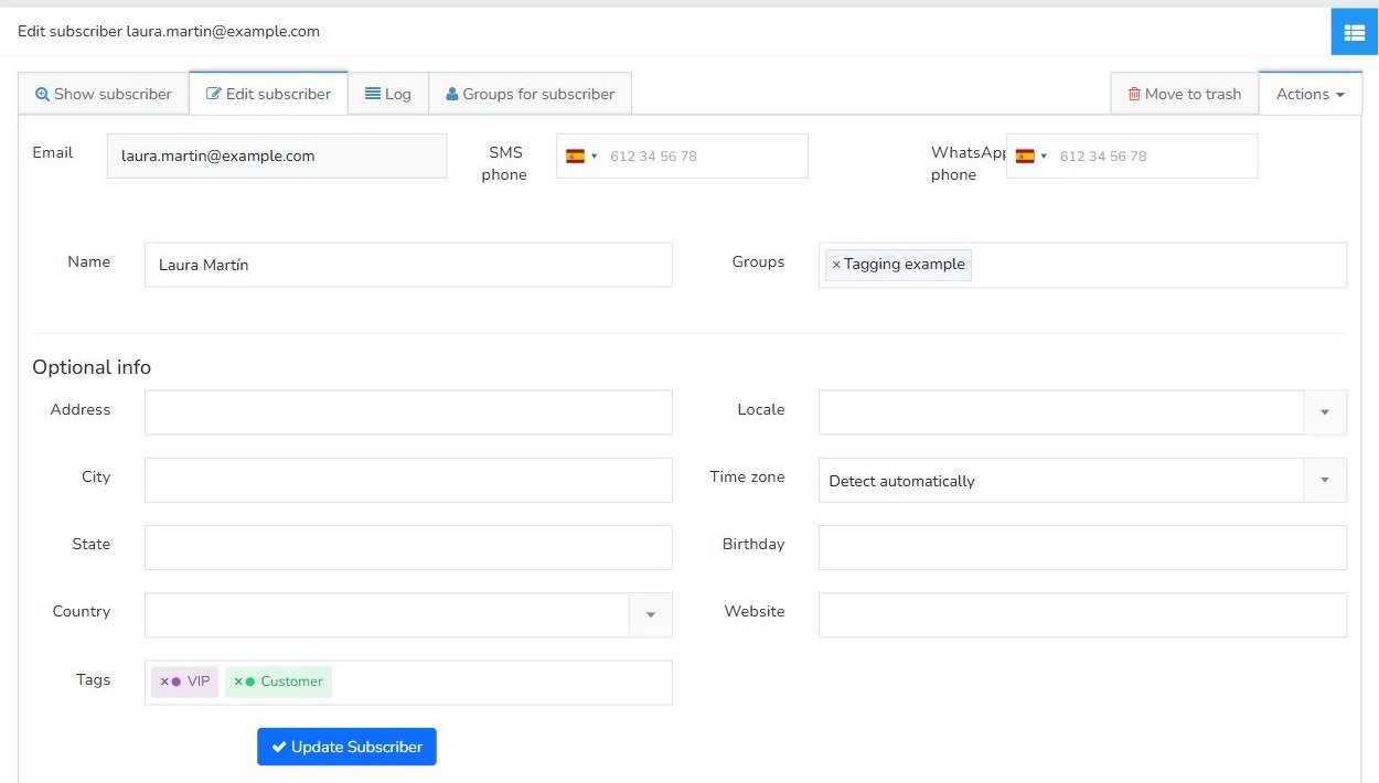 Editing a subscriber in Mailrelay with the VIP and Customer tags in the Tags field