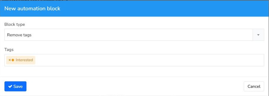 Mailrelay automation block with the Remove tags action and the Interested tag