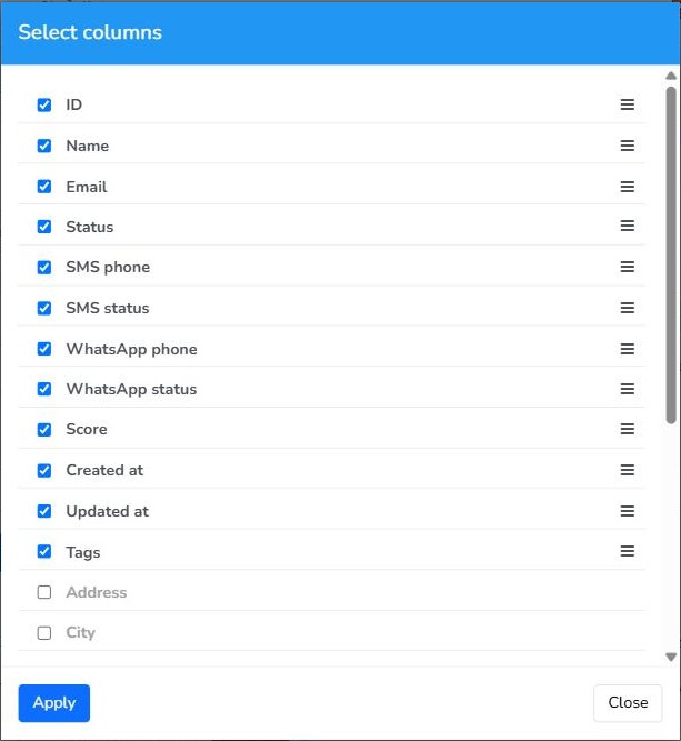 Select columns window in the Mailrelay subscribers list with the Tags column checked