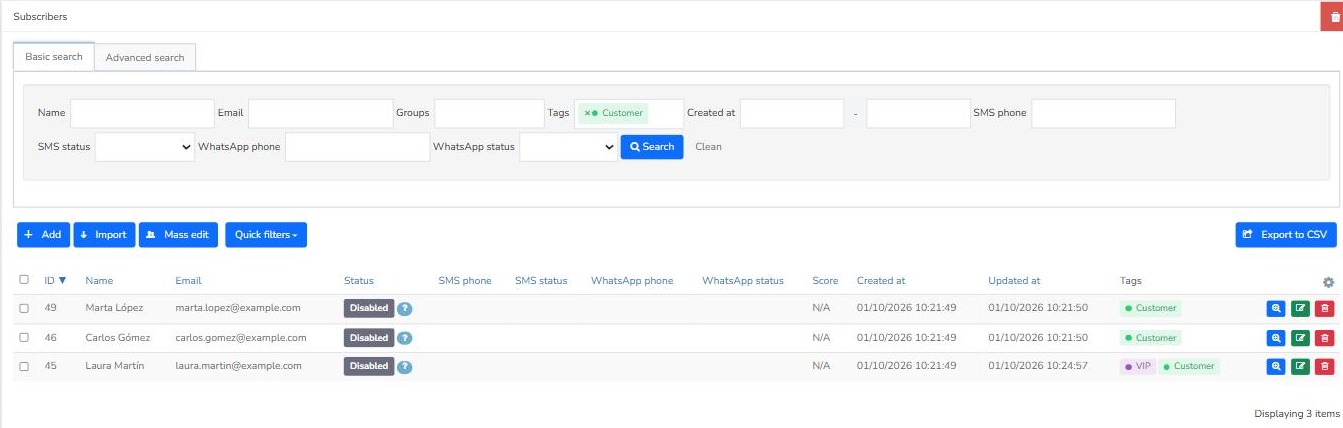 Mailrelay basic subscriber search filtered by the Customer tag with the Tags column visible