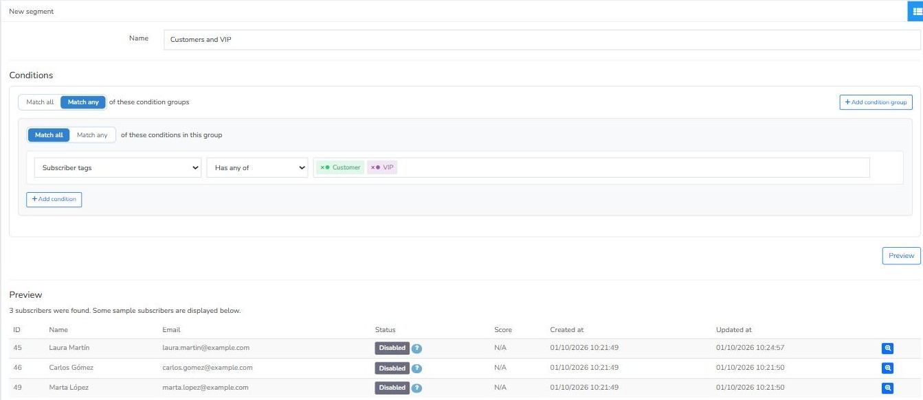 Mailrelay segment with the condition Subscriber tags Has any of Customer and VIP and the preview of results