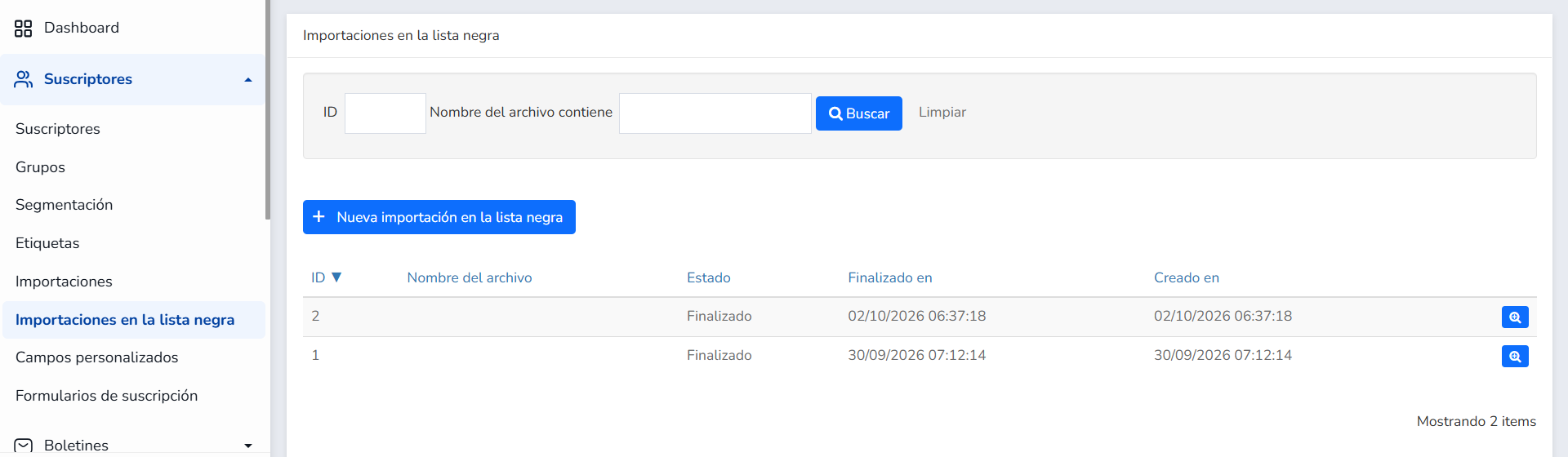 Sección Importaciones en la lista negra de Mailrelay con los filtros ID y Nombre del archivo contiene
