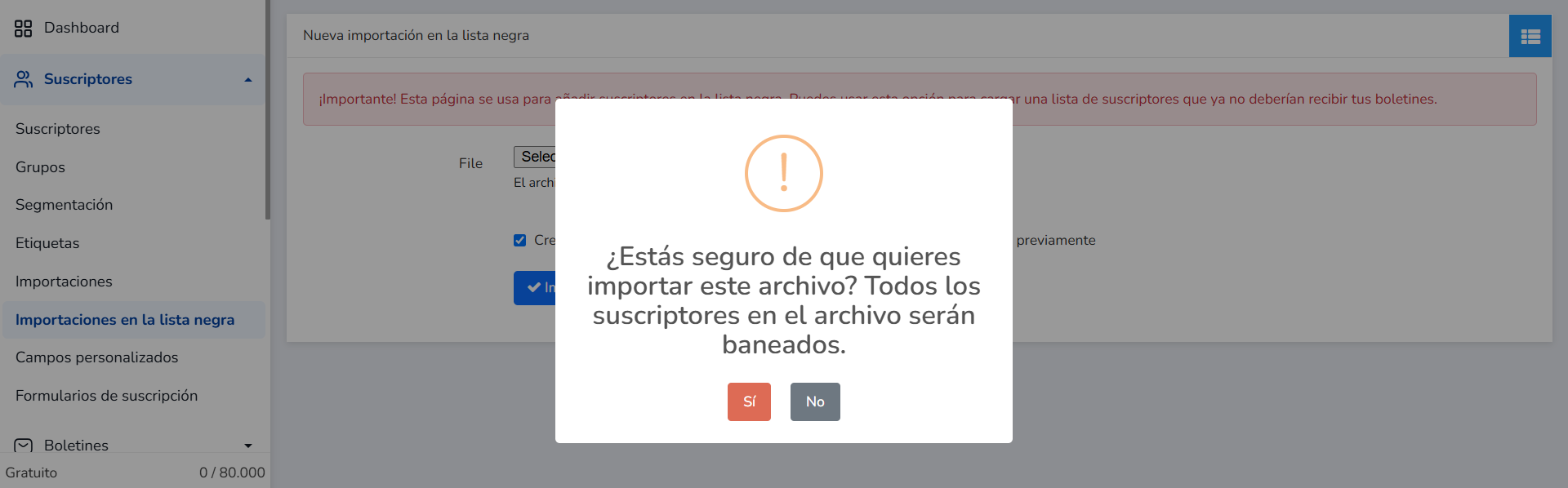 Ventana emergente para confirmar la importación de emails a la lista negra