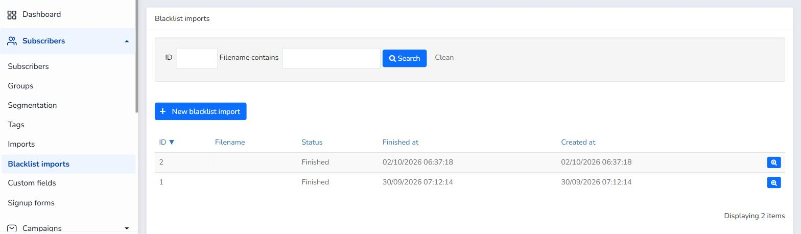 Mailrelay Blacklist imports section with the ID and Filename contains filters