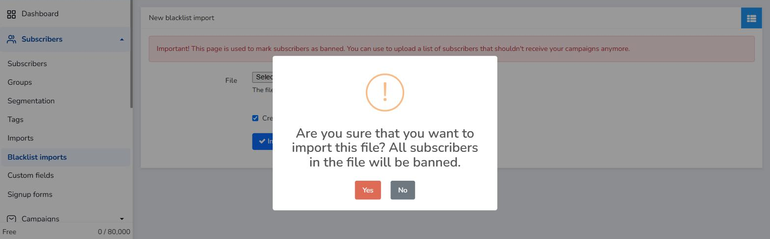 Pop-up window to confirm the import of emails into the blacklist