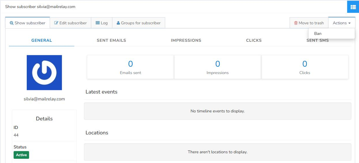 Actions menu in a subscriber's profile with the Ban option