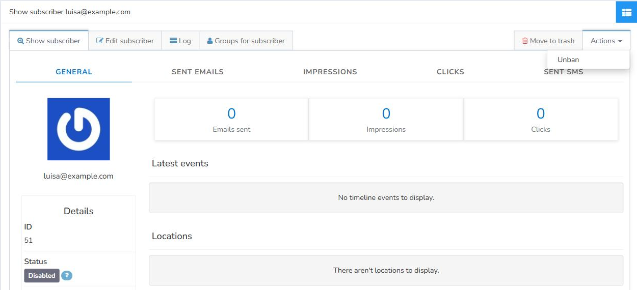 Actions menu in a subscriber's profile with the Unban option