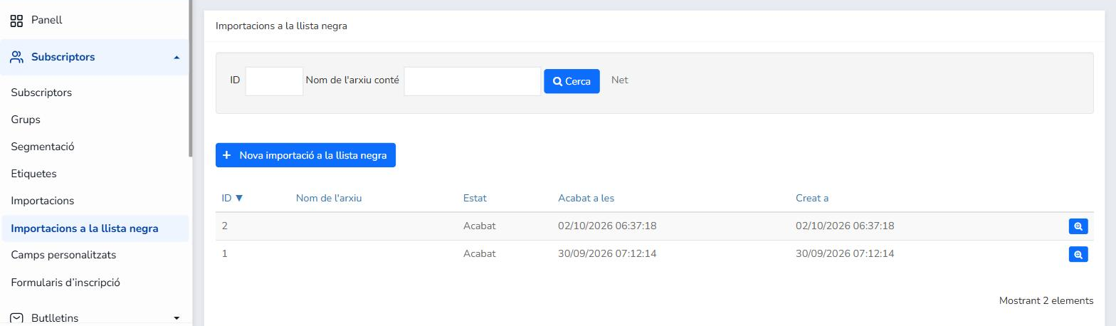 Secció Importacions a la llista negra de Mailrelay amb els filtres ID i Nom de l'arxiu conté