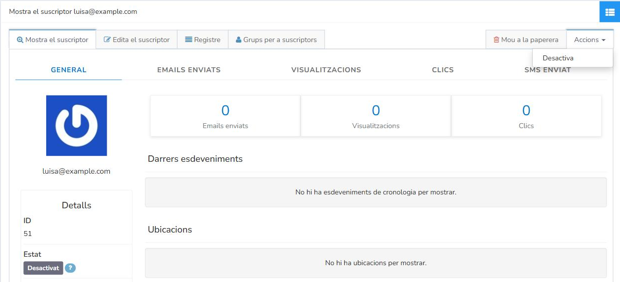 Menú Accions de la fitxa d'un subscriptor amb l'opció Desactiva per treure'l de la llista negra
