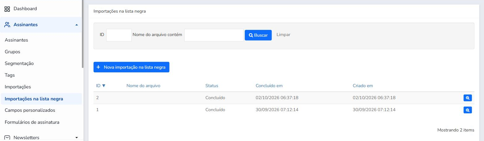 Seção Importações na lista negra do Mailrelay com os filtros ID e Nome do arquivo contém