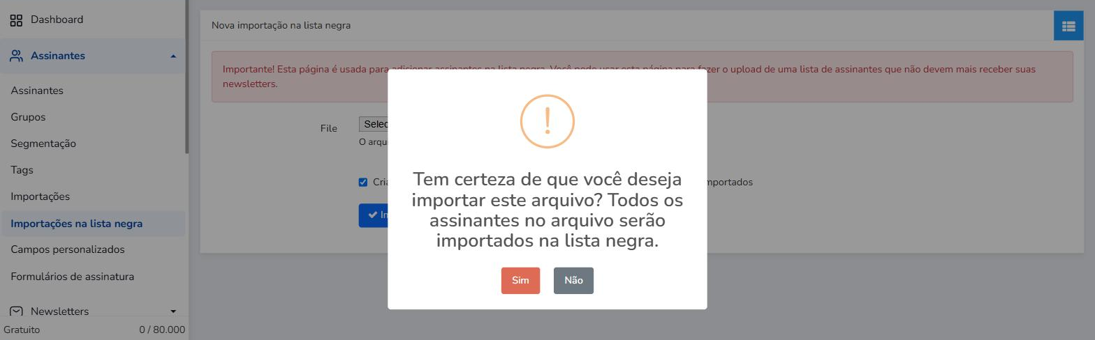 Janela pop-up para confirmar a importação de emails para a lista negra