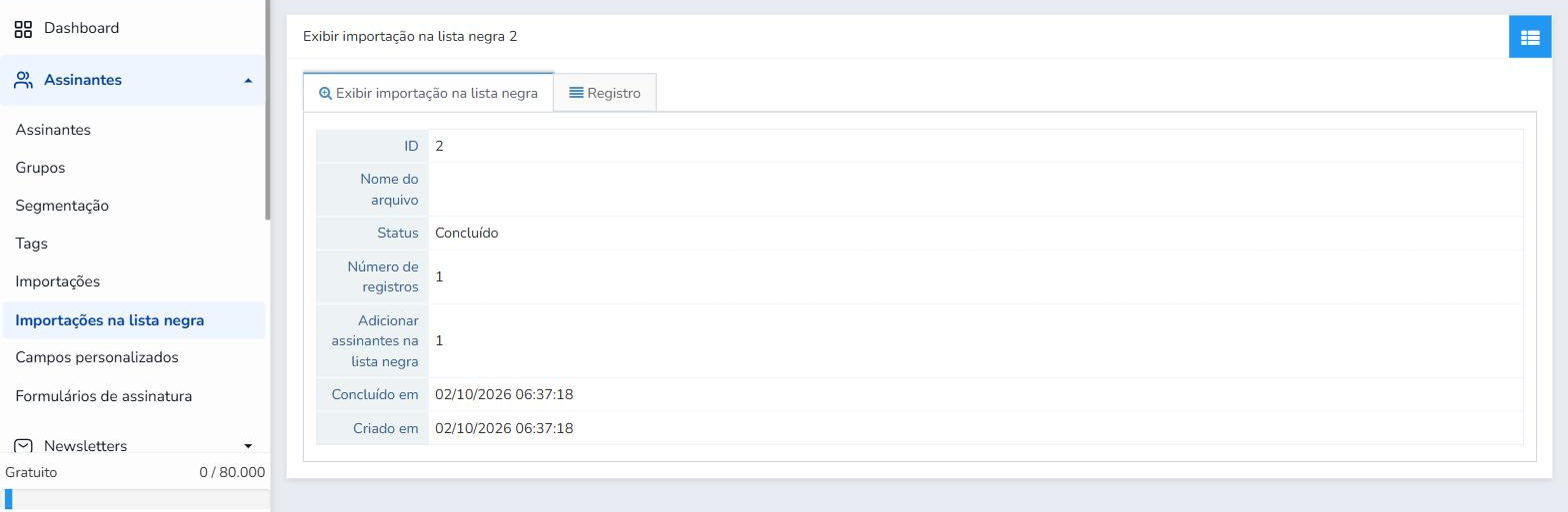 Resumo de uma importação na lista negra com o número de registros e de assinantes bloqueados
