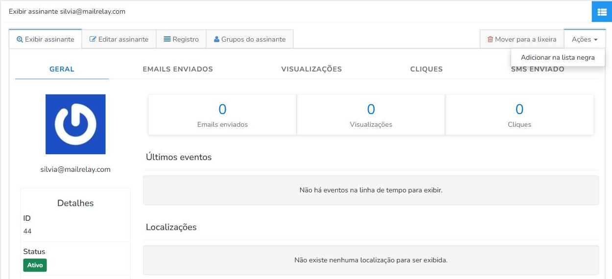 Menu Ações da ficha de um assinante com a opção Adicionar na lista negra
