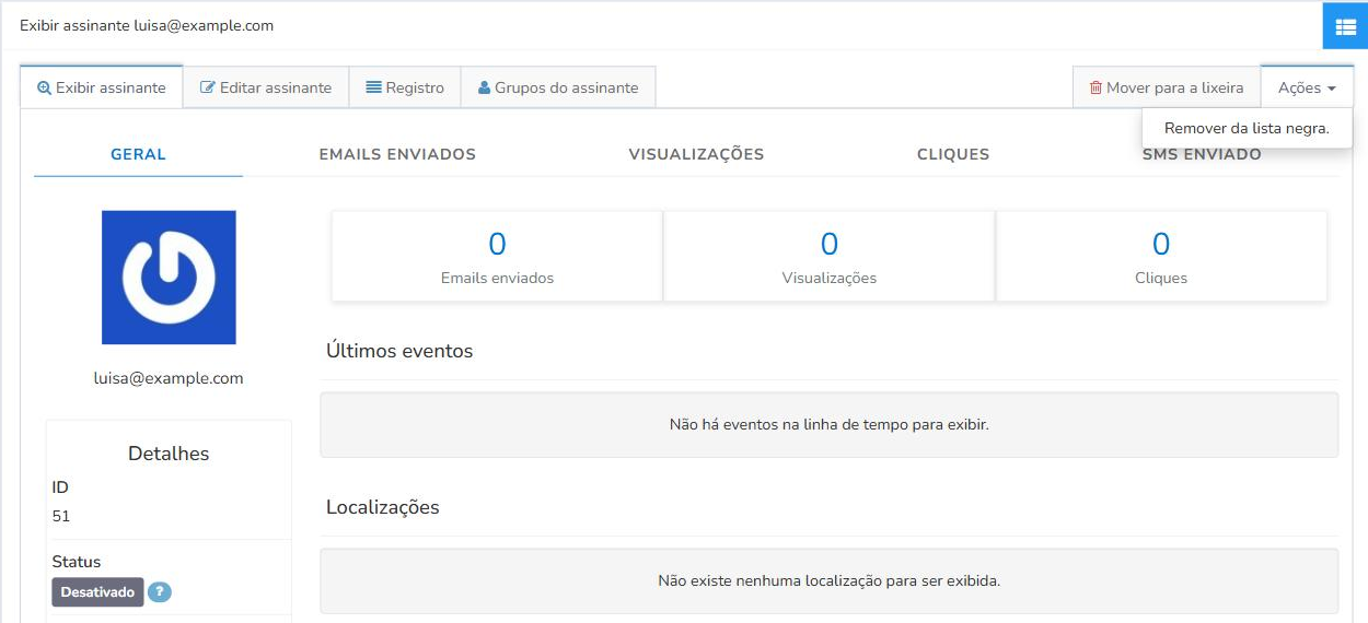 Menu Ações da ficha de um assinante com a opção Remover da lista negra