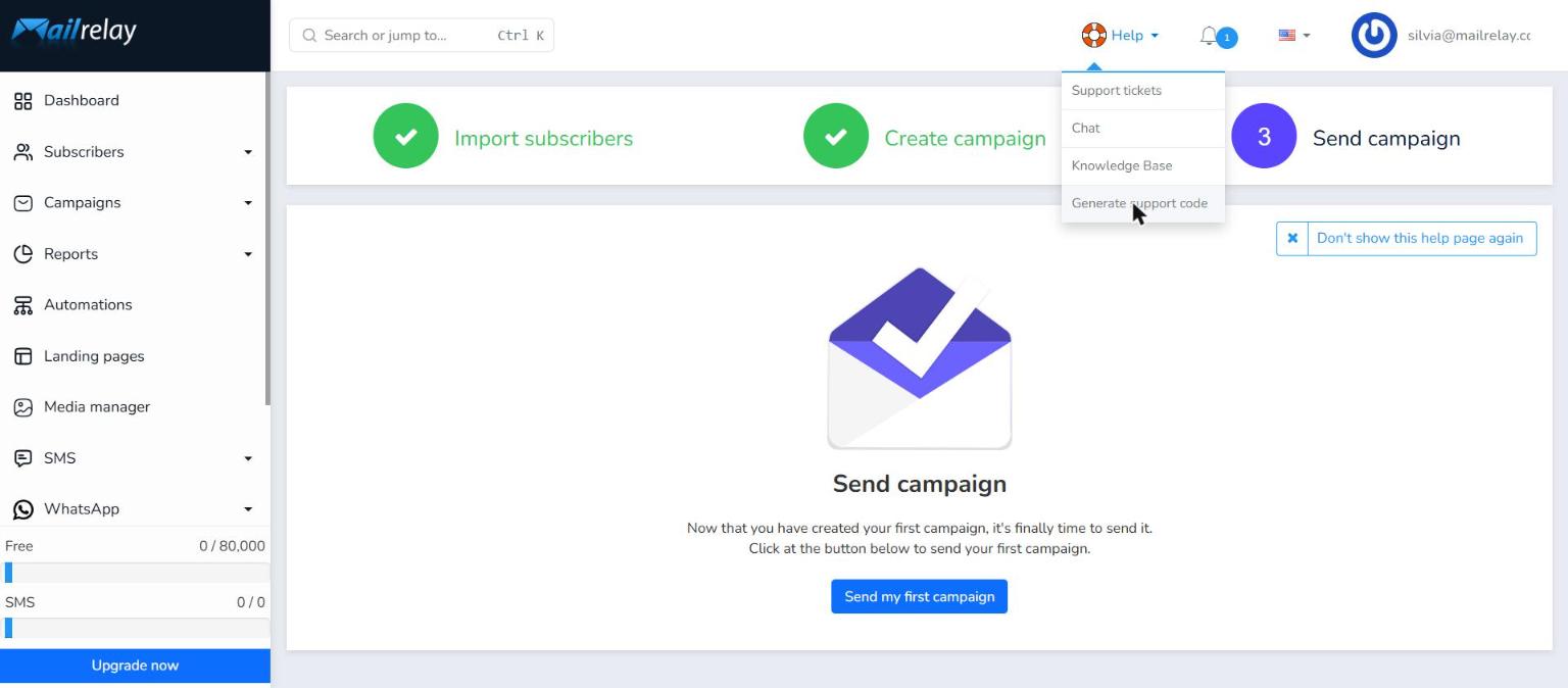 Generate support code option in the Help menu