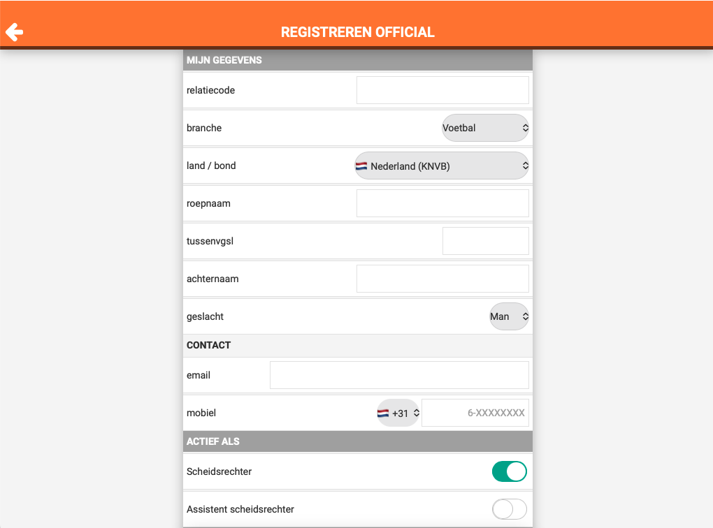 Het registratieformulier 'Registreren official' op de website