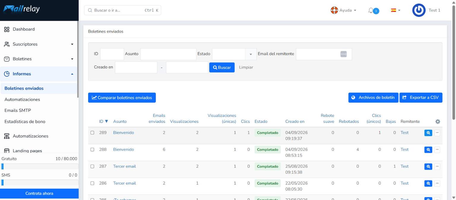 Listado de boletines enviados en Mailrelay con buscador y columnas de estadísticas