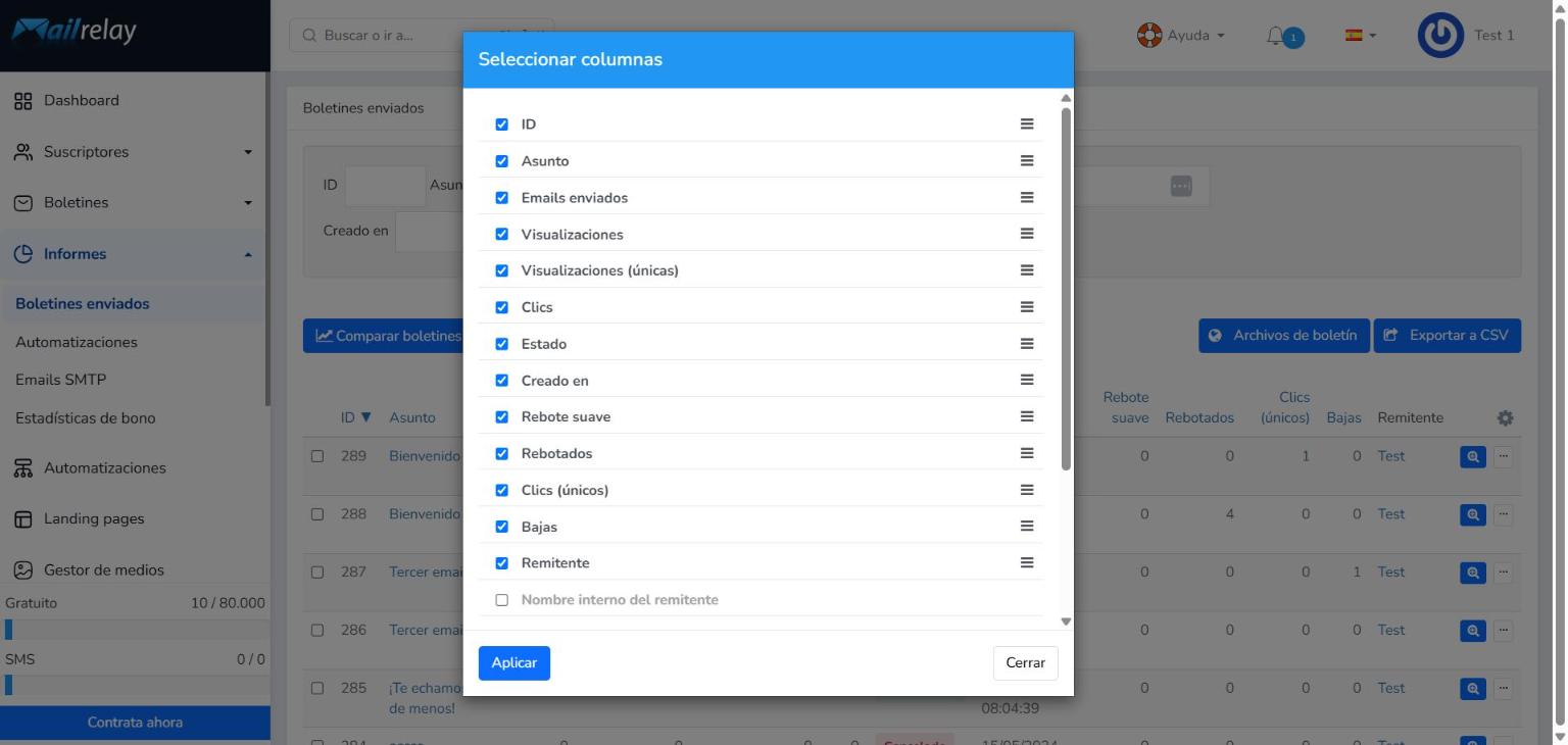 Ventana Seleccionar columnas para personalizar el listado de boletines enviados