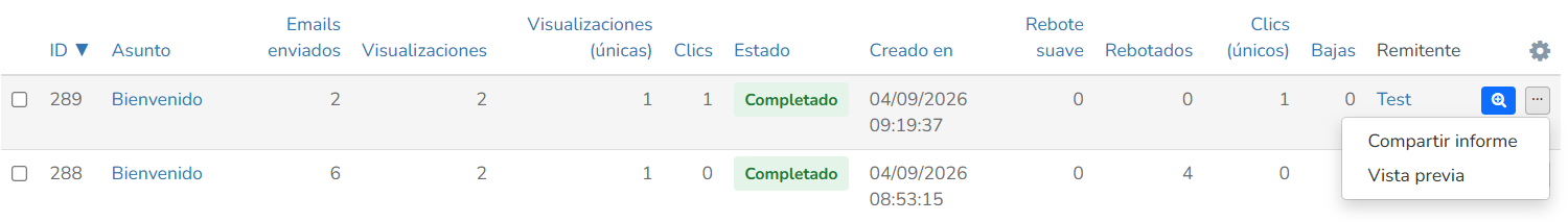 Menú de acciones con las opciones Compartir informe y Vista previa