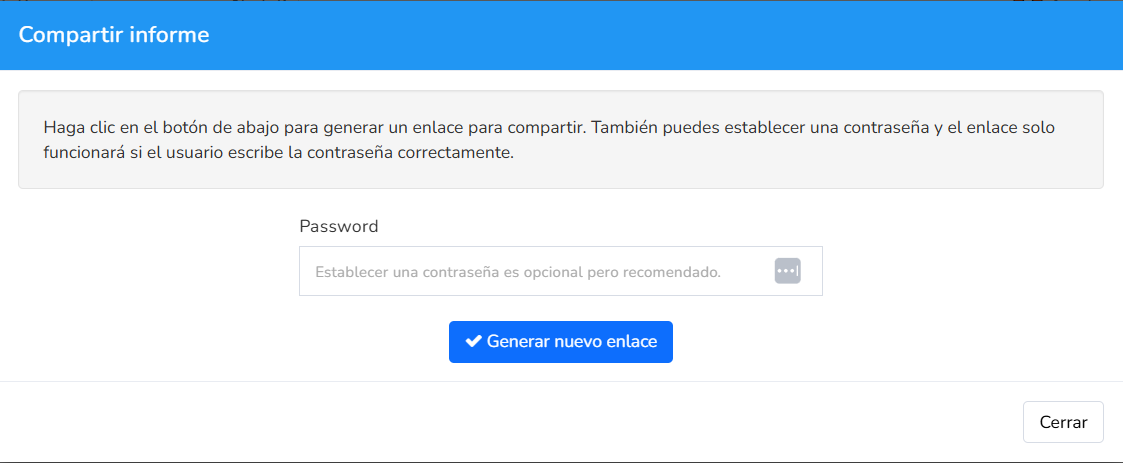 Ventana Compartir informe para generar un enlace con contraseña opcional