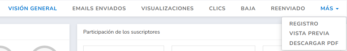 Pestañas de estadísticas y menú Más con Registro, Vista previa y Descargar PDF