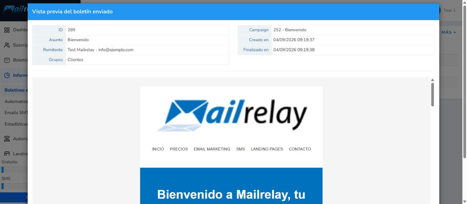 Vista previa de un boletín enviado con sus datos principales