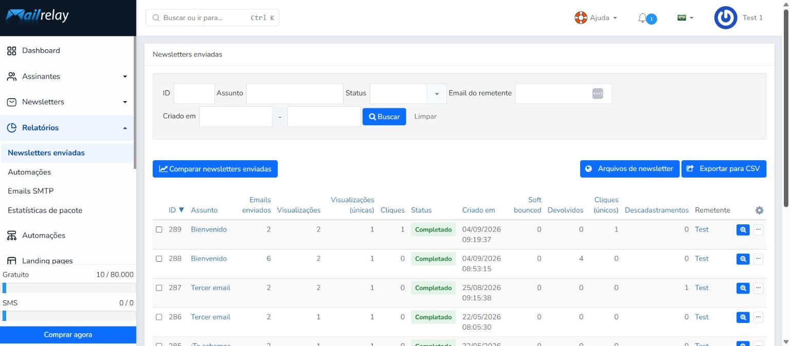 Lista de newsletters enviadas no Mailrelay com buscador e colunas de estatísticas