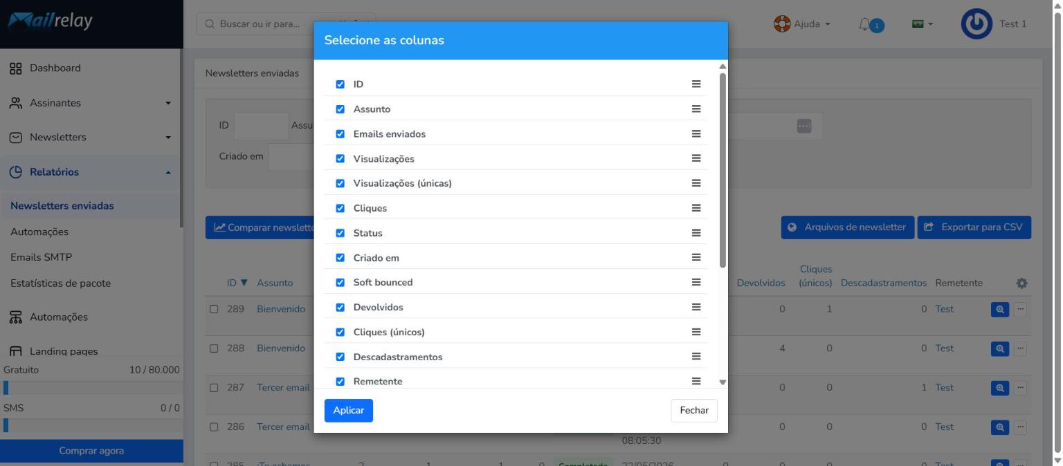 Janela Selecione as colunas para personalizar a lista de newsletters enviadas