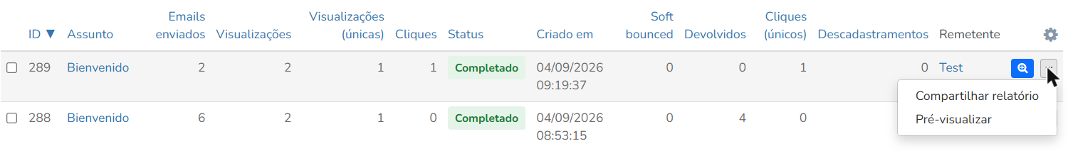 Menu de ações com as opções Compartilhar relatório e Pré-visualizar