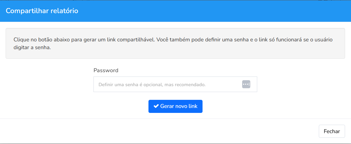Janela Compartilhar relatório para gerar um link com senha opcional