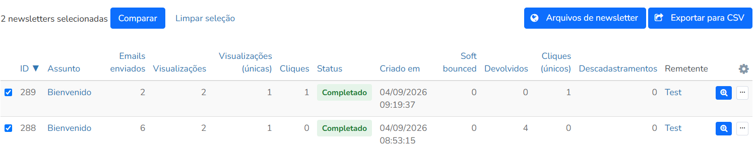 Newsletters selecionadas com os botões Comparar e Limpar seleção