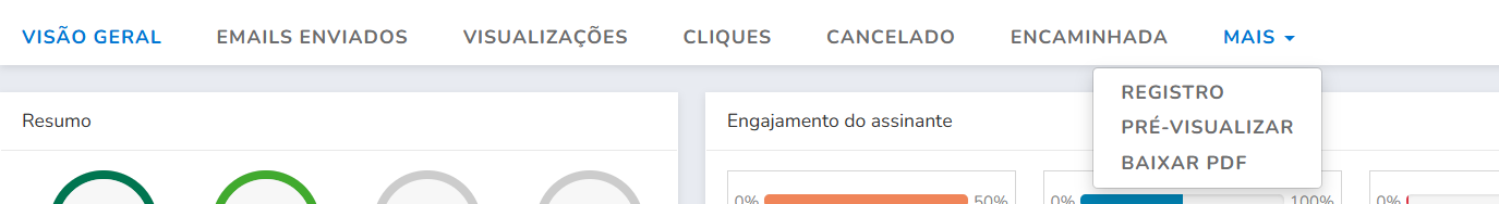Abas de estatísticas e menu Mais com Registro, Pré-visualizar e Baixar PDF